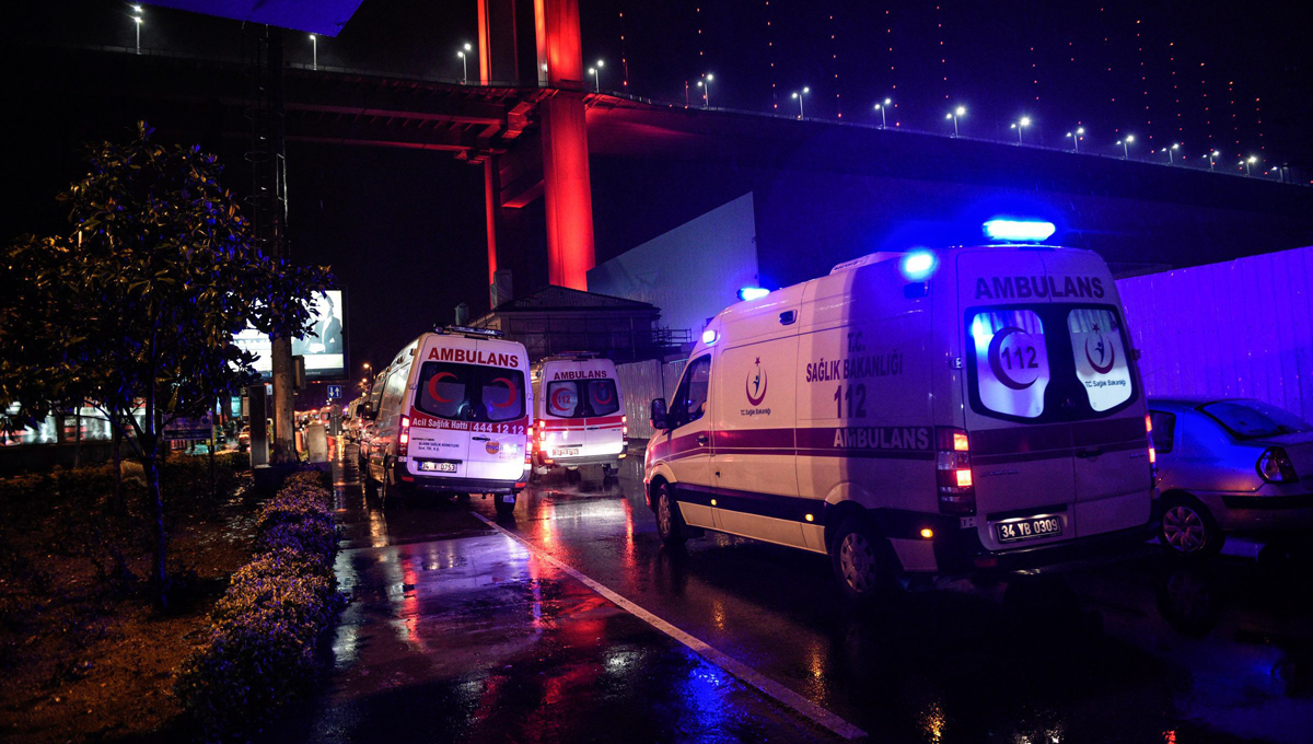 epa05693519 Ambulances transport wounded people after a gun attack on Reina, a popular night club in Istanbul near by the Bosphorus, early morning in Istanbul, Turkey 01 January 2017.At least two people were killed and dozens others were wounded in the attack, local media reported. EPA/STR